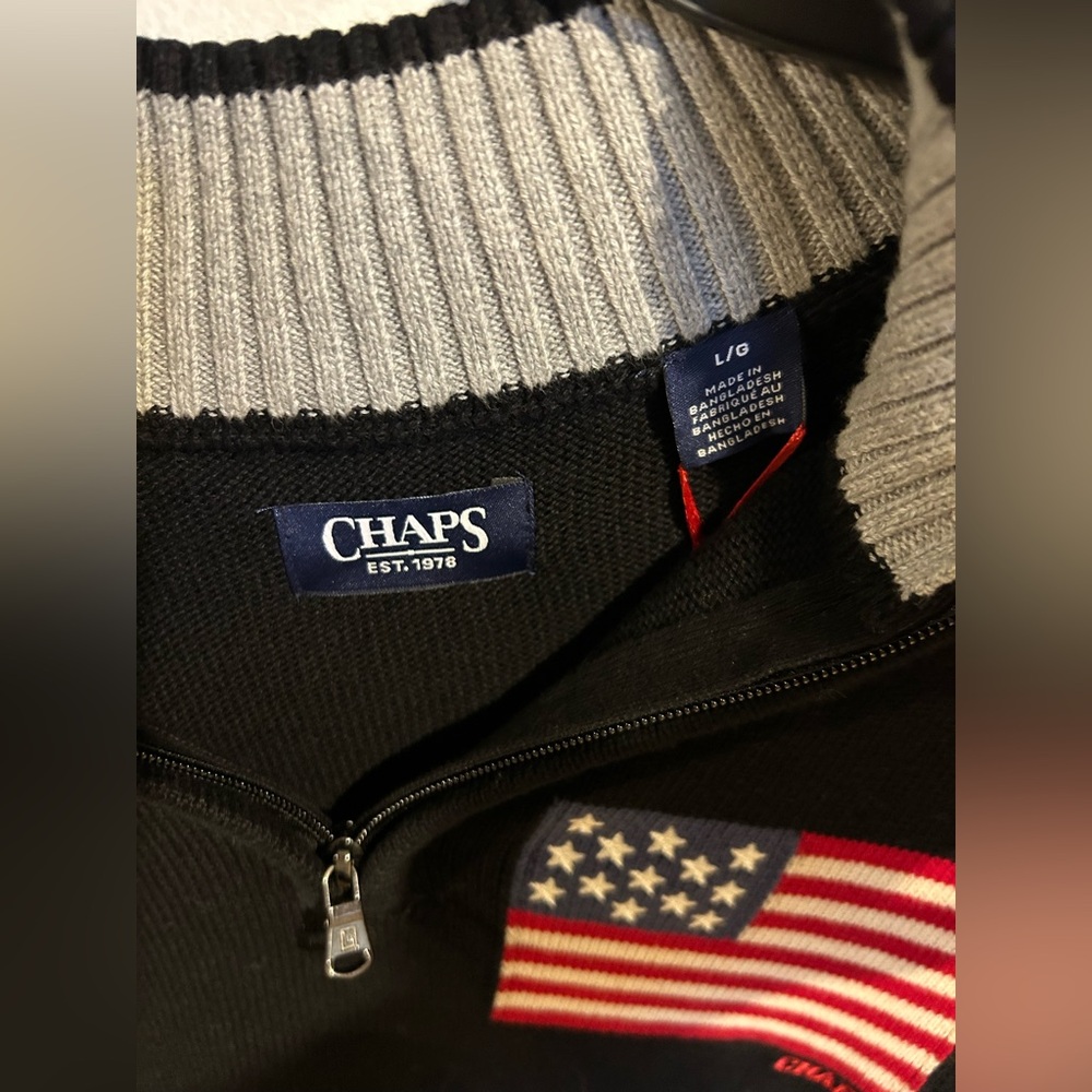 Chaps Black Zip-Up Sweater with Flag Patch - Picture 5 of 8